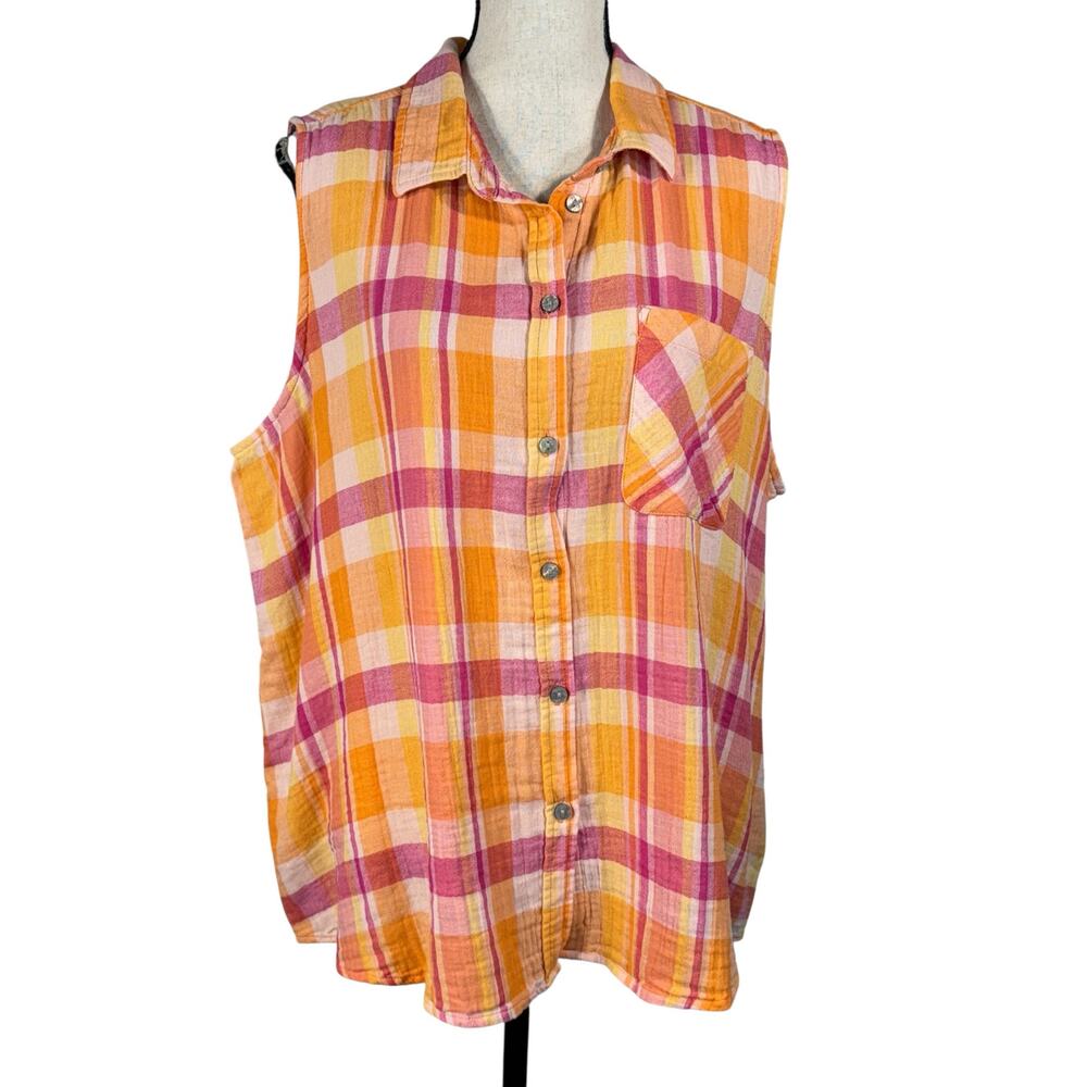 Time & Tru XX-Large (20) Top Plaid Button-Up Sleeveless Collared Pocket Gauzy